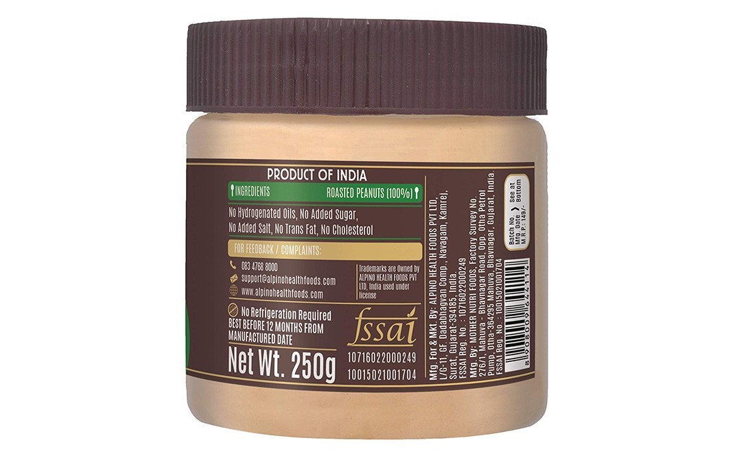 Alpino Unsweetened Peanut Butter Natural Crunch   Plastic Jar  250 grams